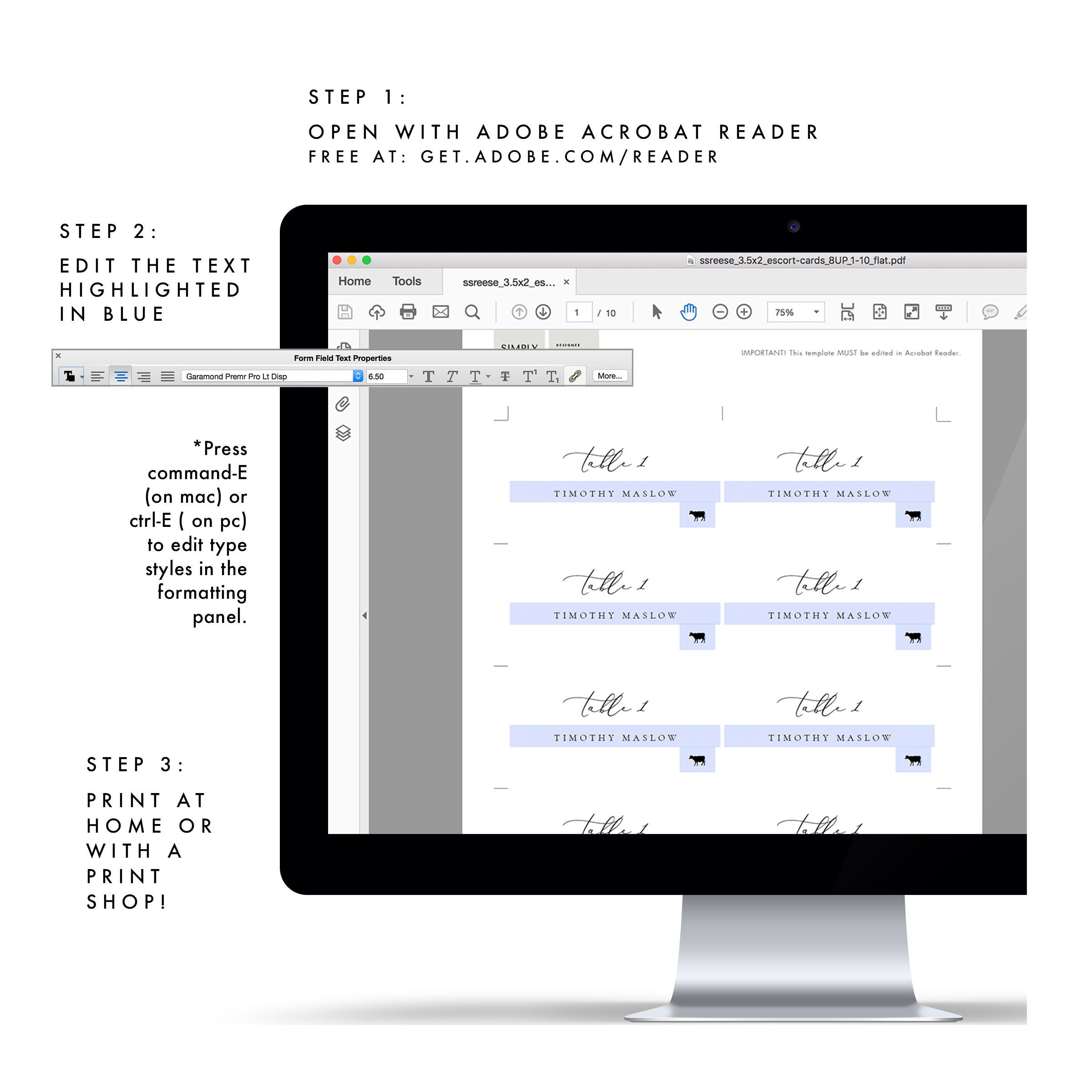 Marlow:  3.5x2 Escort Card Template Meal Icons Tables 1-30 Head Table, Avery 5302, Flat, Folded, Printable Calligraphy PDF Instant Download