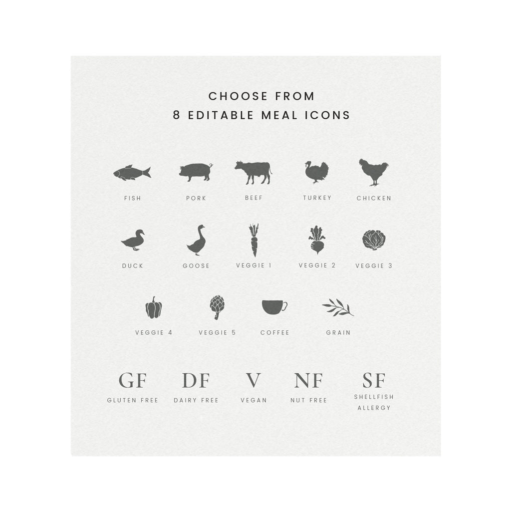 Gardner: Slate Gray Avery 5302, 5193, 8869 Escort Card Template with Meal Icons Small Tent Card Template Printable PDF Instant Download