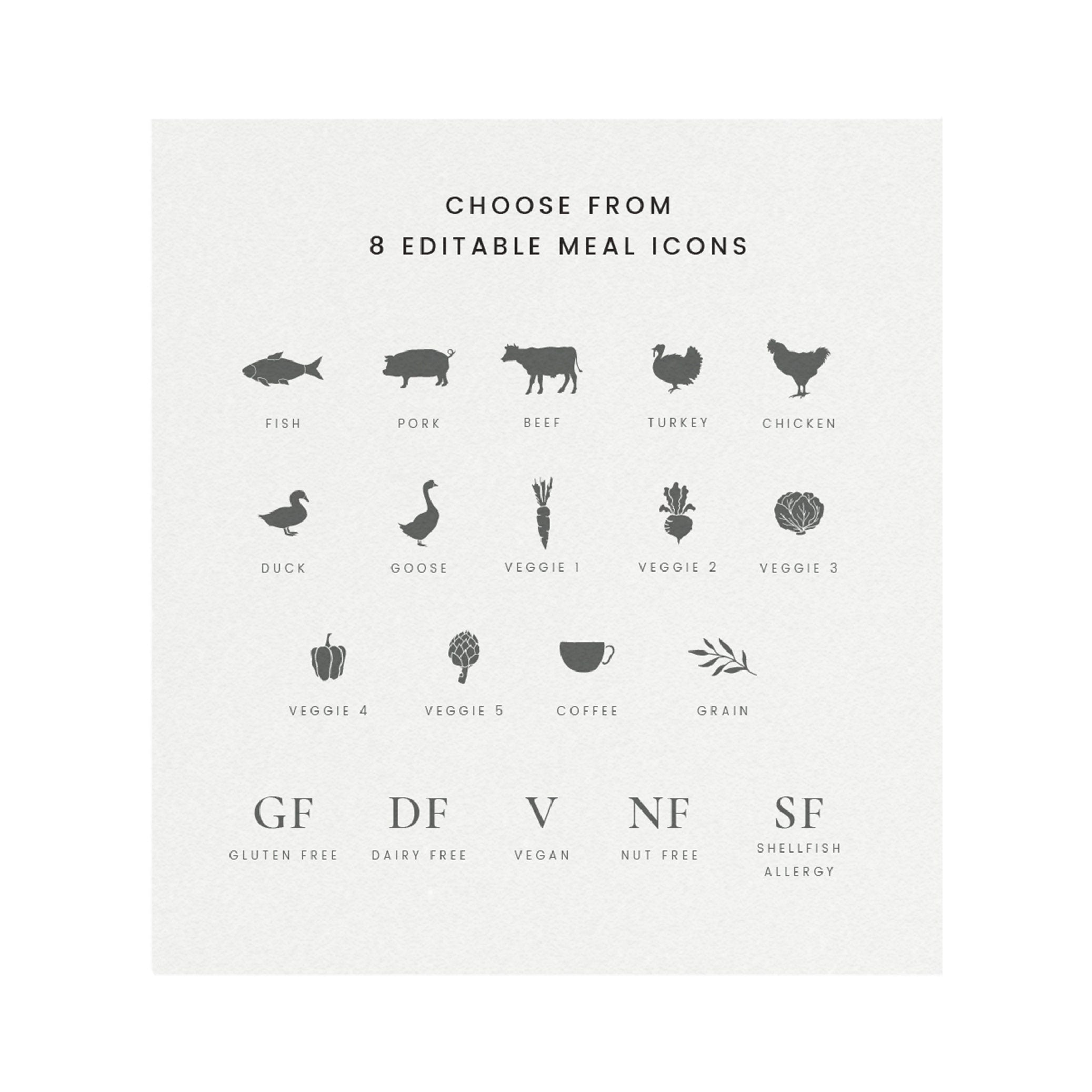Gardner: Slate Gray Avery 5302, 5193, 8869 Escort Card Template with Meal Icons Small Tent Card Template Printable PDF Instant Download
