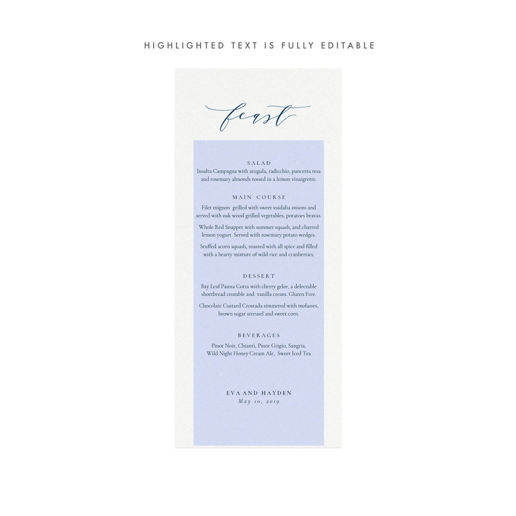 Navy Calligraphy Wedding Dinner Menu Template (Editable PDF)