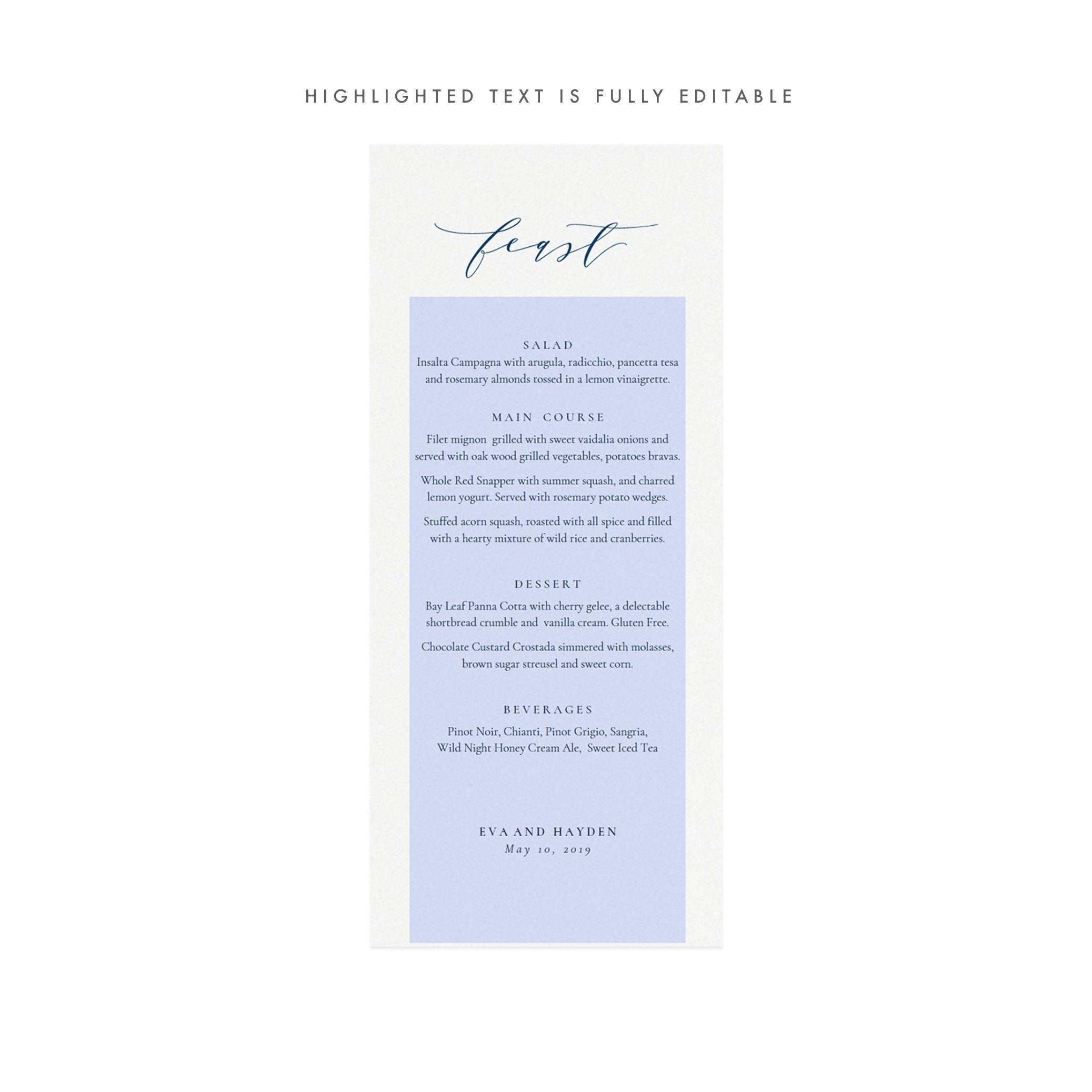 Navy Calligraphy Wedding Dinner Menu Template (Editable PDF)