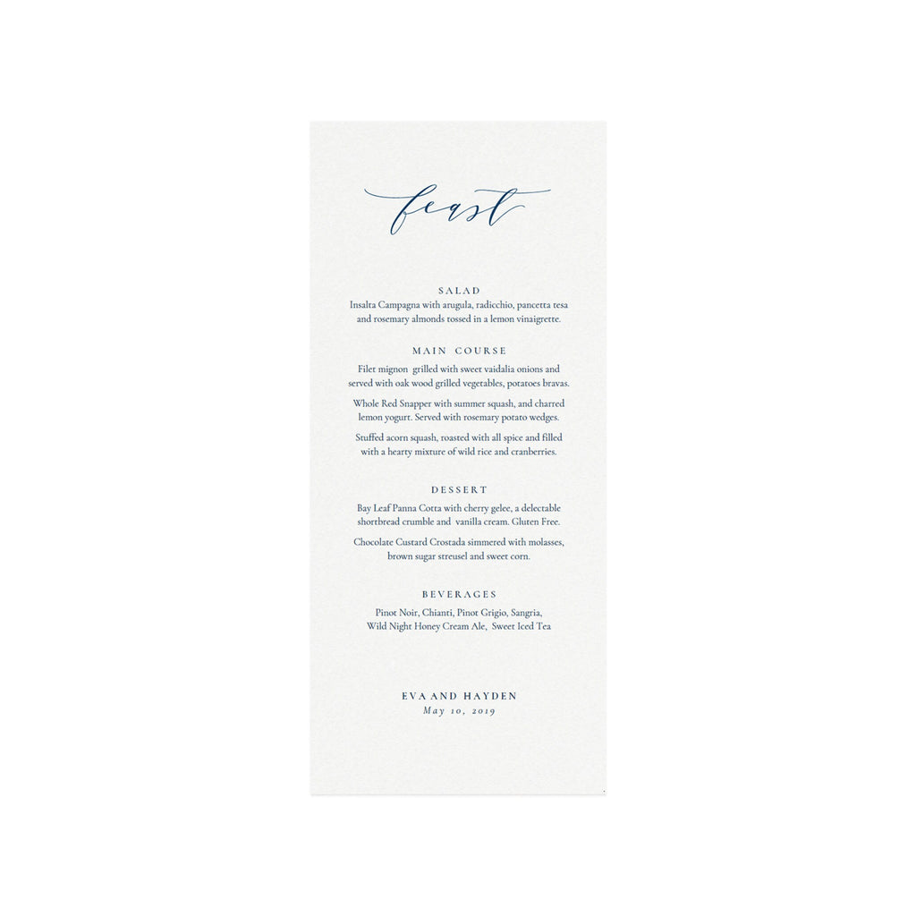 Navy Calligraphy Wedding Dinner Menu Template (Editable PDF)