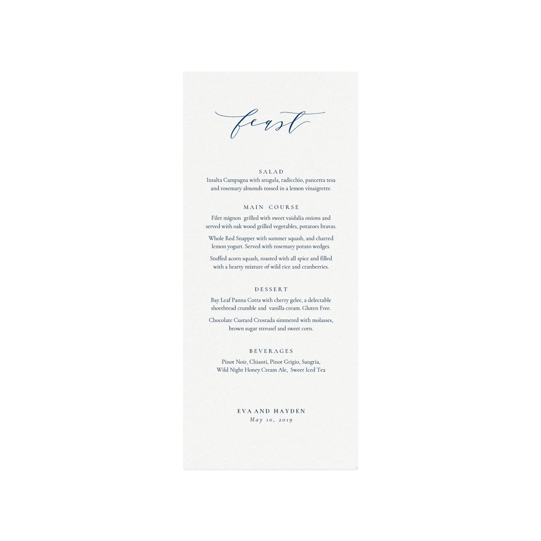 Navy Calligraphy Wedding Dinner Menu Template (Editable PDF)