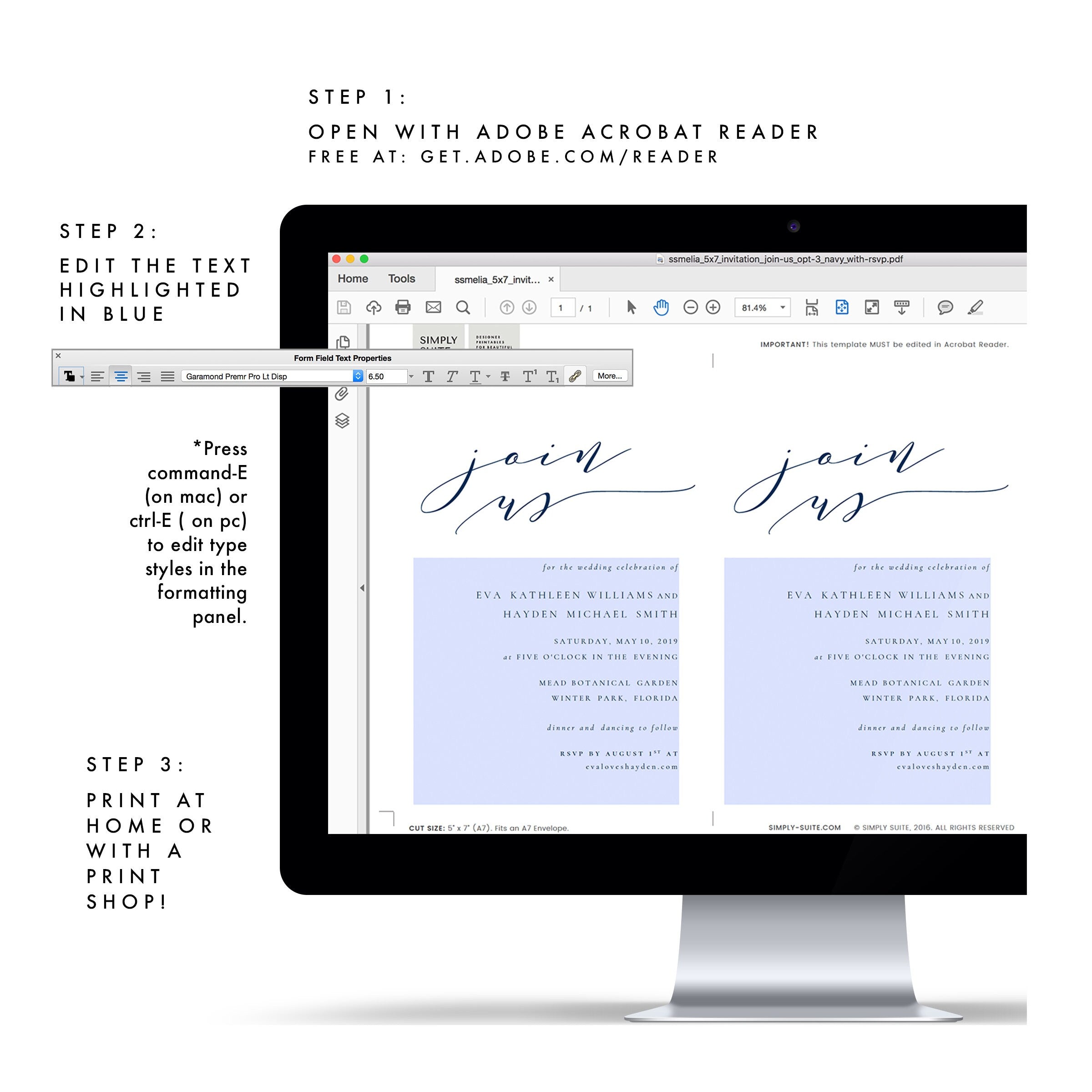 Navy Calligraphy Wedding Invitation Template: Melia Suite (PDF)