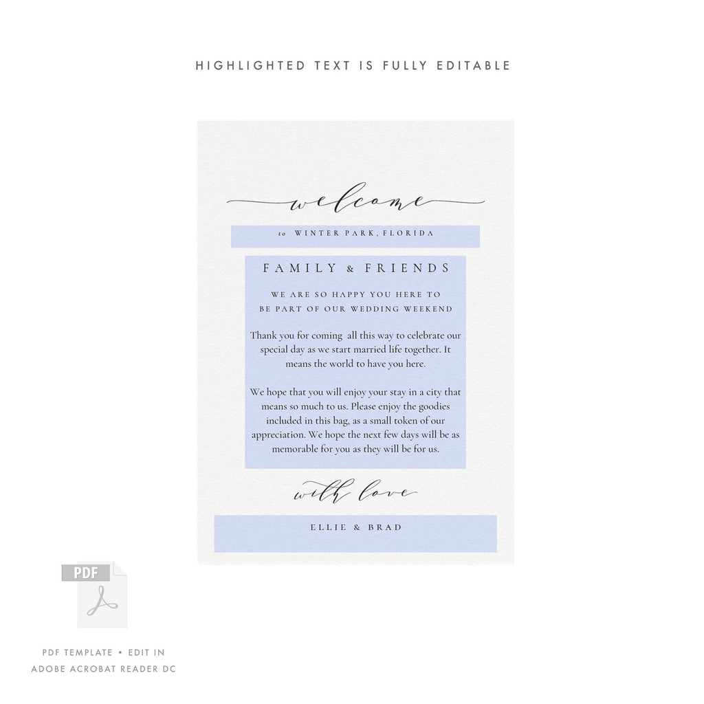 Melia Wedding Welcome Card Template: Elegant Calligraphy (PDF Download)