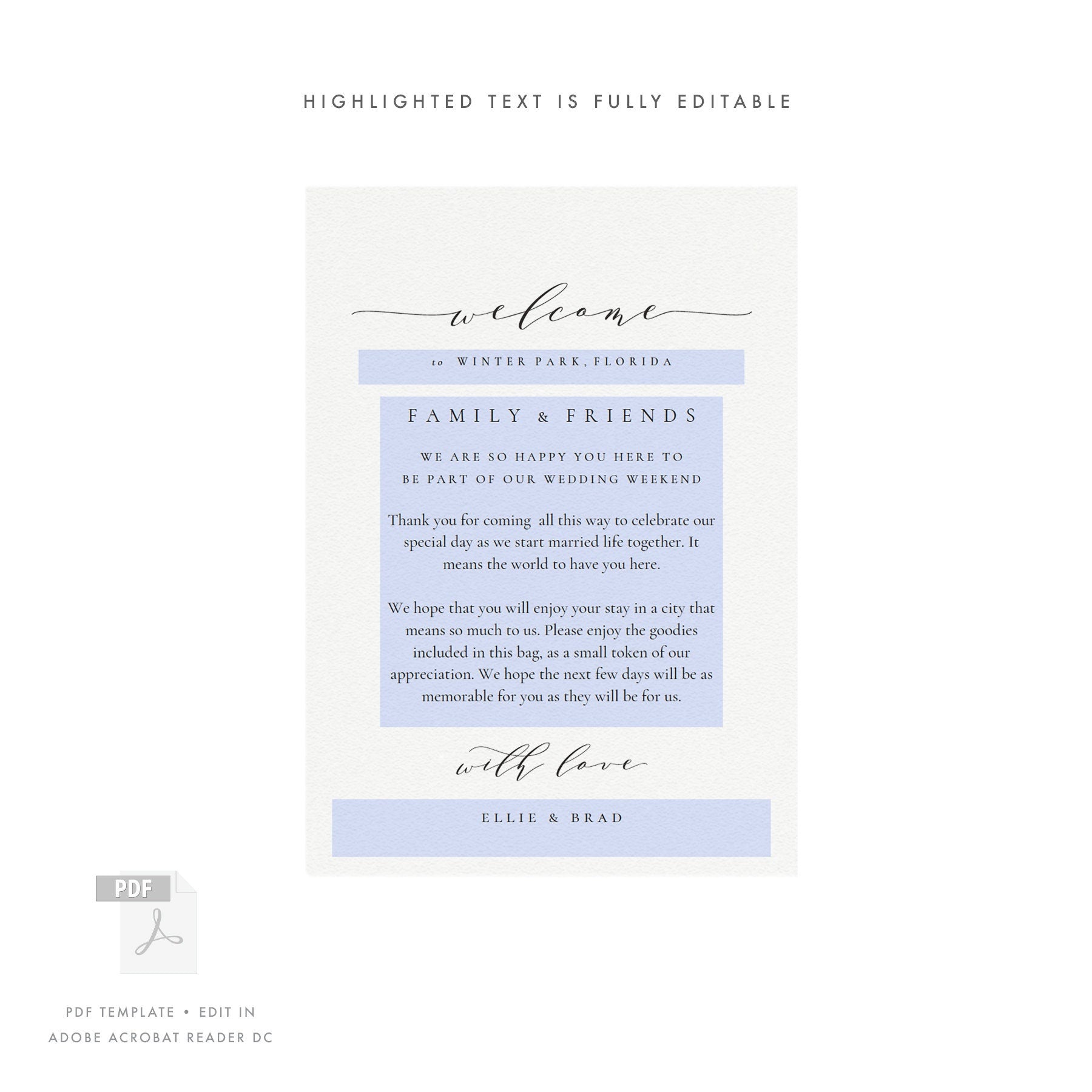 Melia Wedding Welcome Card Template: Elegant Calligraphy (PDF Download)