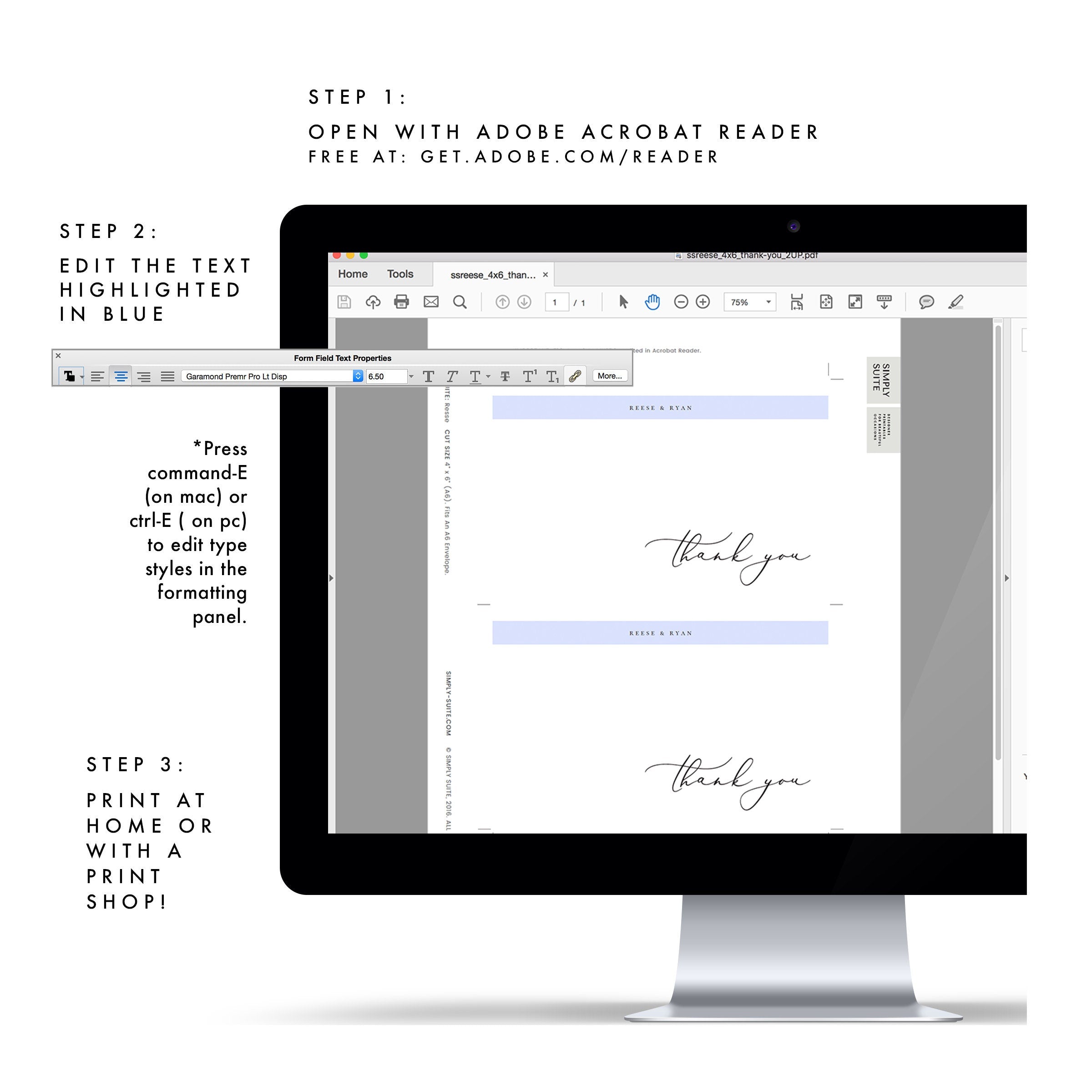 Calligraphy Thank You Card Template: 4x6 Editable Stationery (PDF Instant Download)