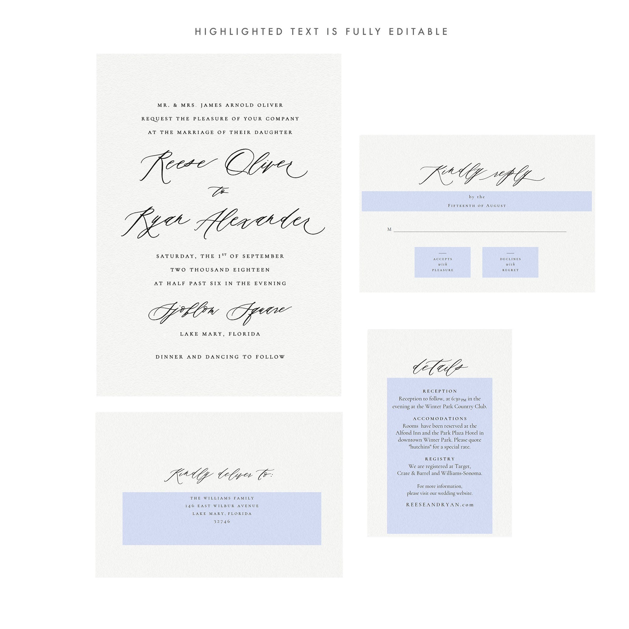 Calligraphy Wedding Invitation Template: Editable Printable Suite (PDF)