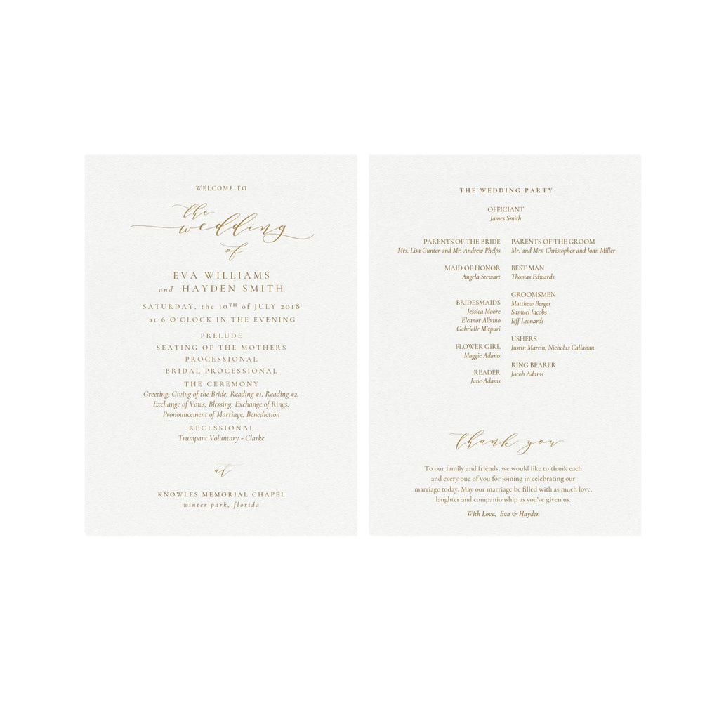 Gold Calligraphy Wedding Program Template: Classic Elegant (5x7 PDF)