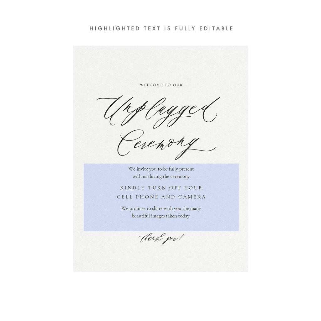 Reese Unplugged Wedding Ceremony Sign: Elegant Calligraphy (PDF Download)