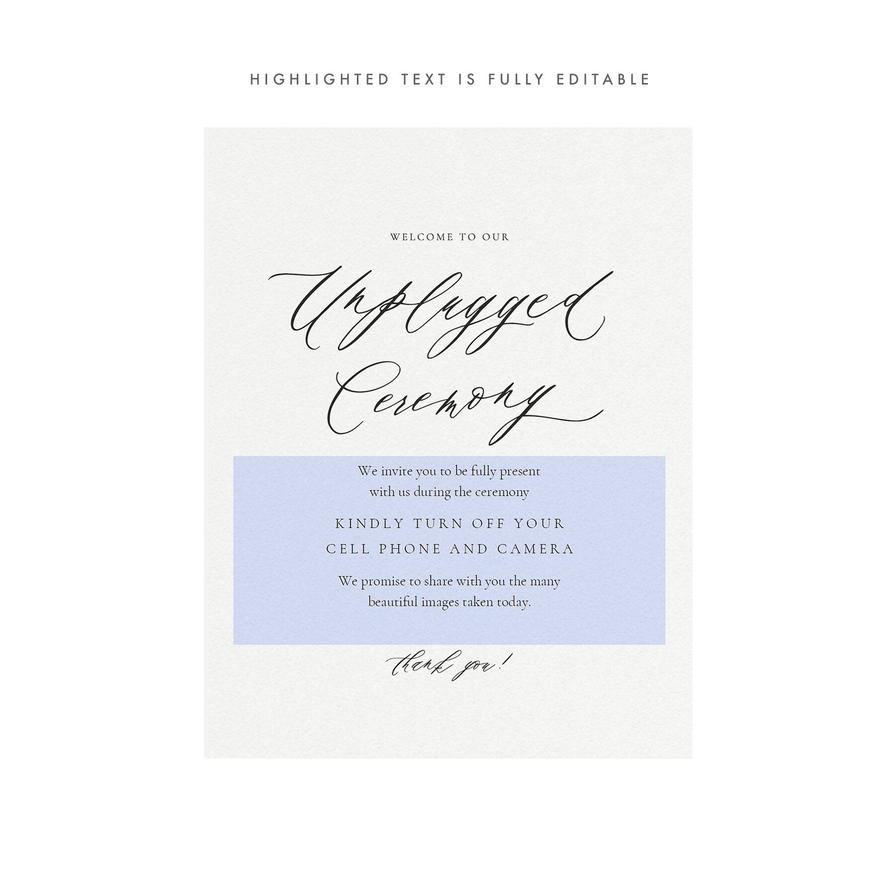 Reese Unplugged Wedding Ceremony Sign: Elegant Calligraphy (PDF Download)