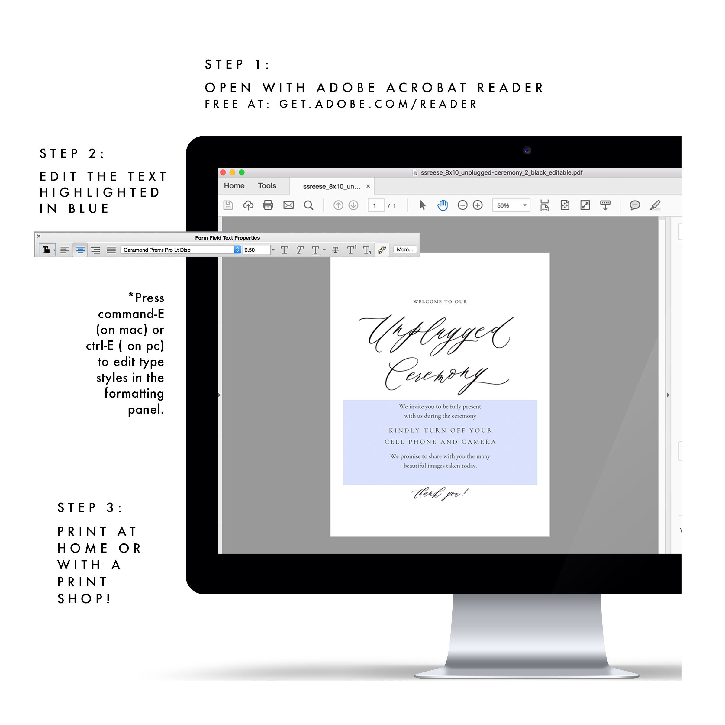 Reese Unplugged Wedding Ceremony Sign: Elegant Calligraphy (PDF Download)