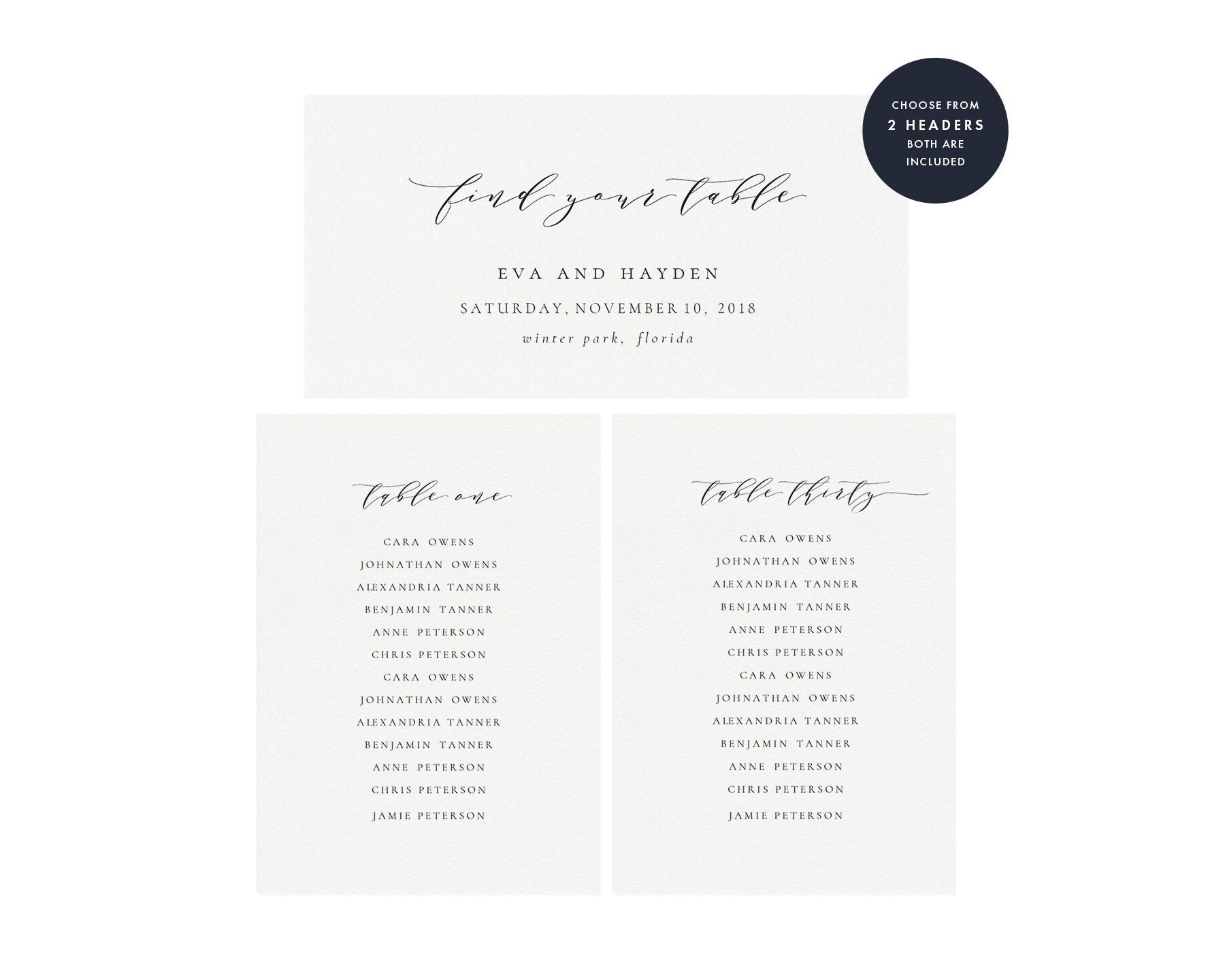Hanging Wedding Seating Chart Template: Melia, Tables 1-30 (Editable PDF)