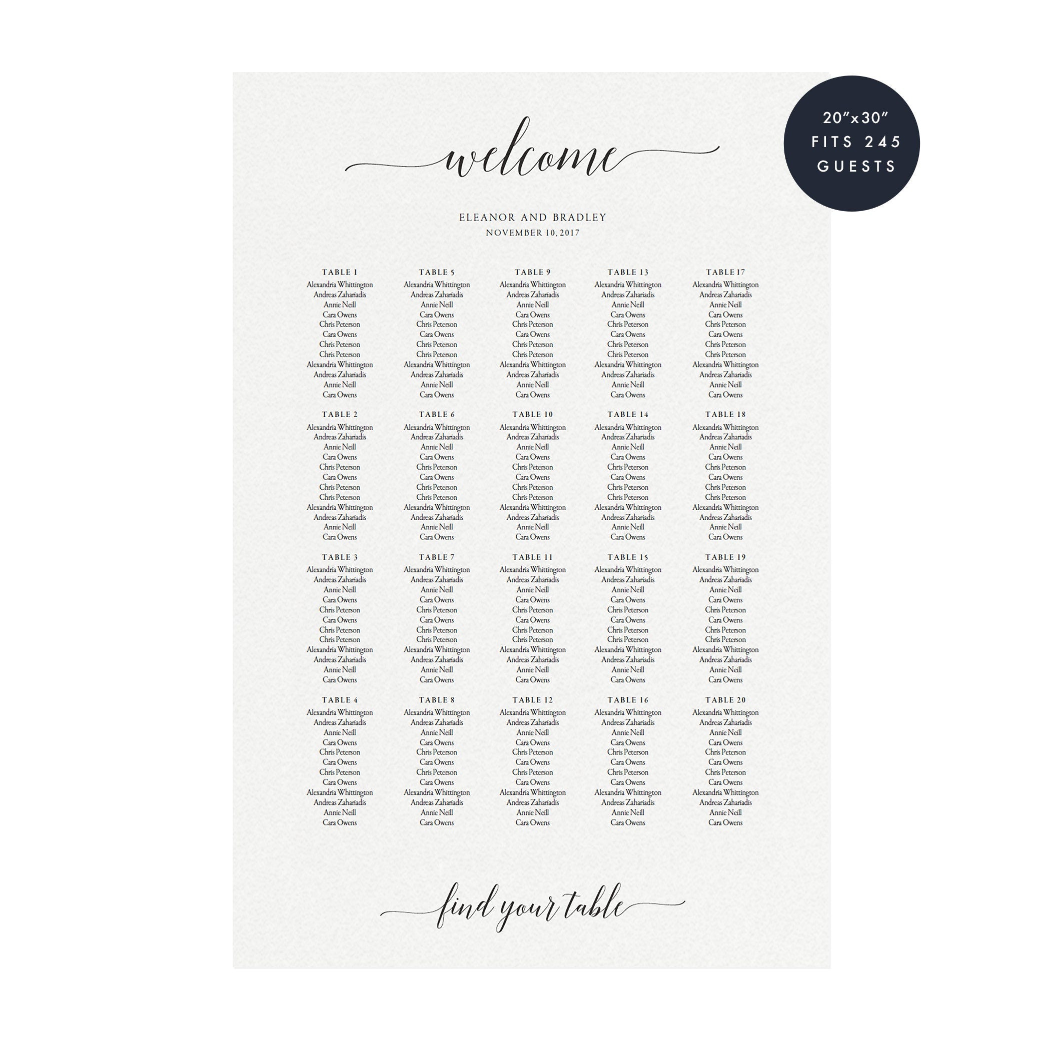 Calligraphy Wedding Seating Chart Sign Template (PDF Download)