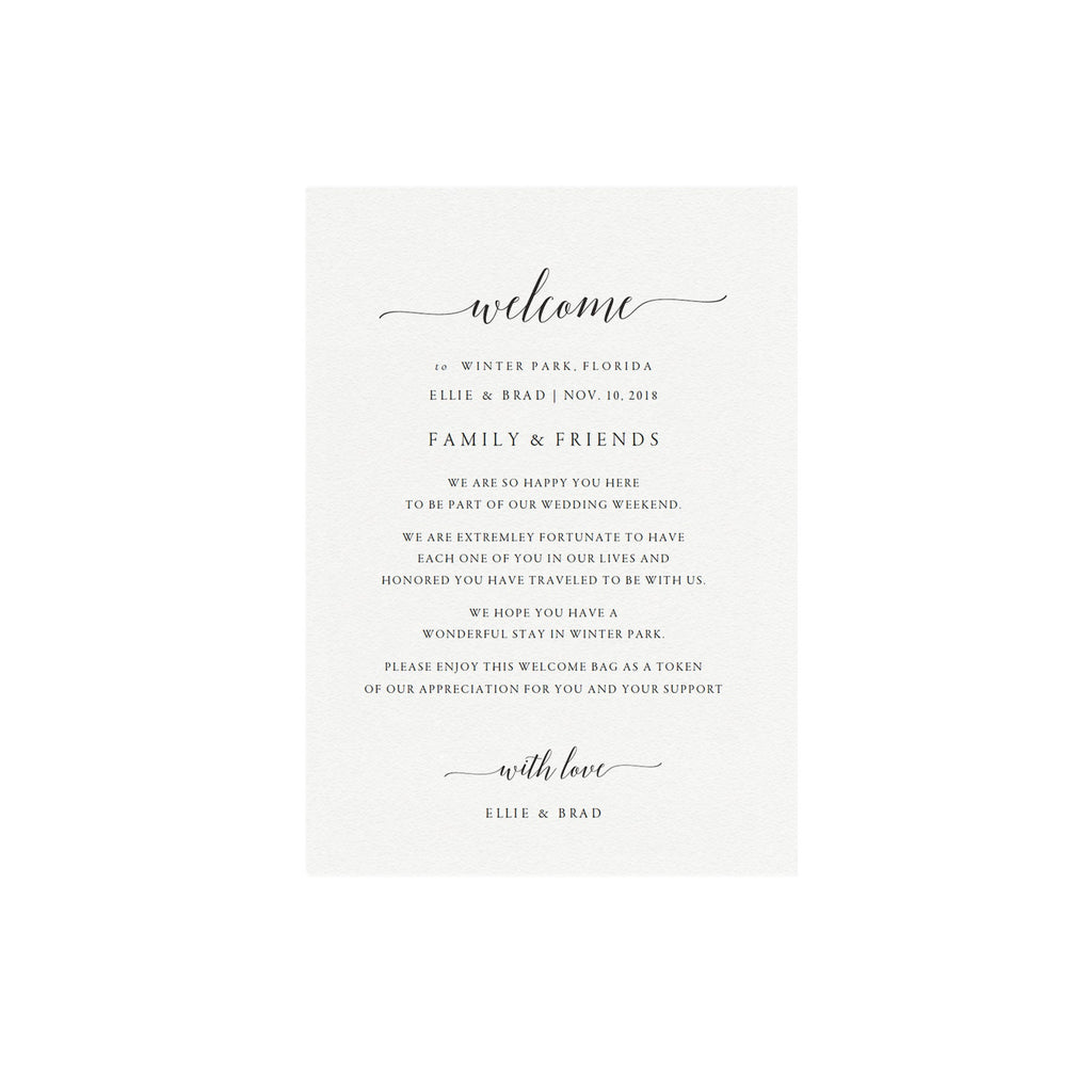 Calligraphy Wedding Welcome Bag Card Template (PDF Instant Download)