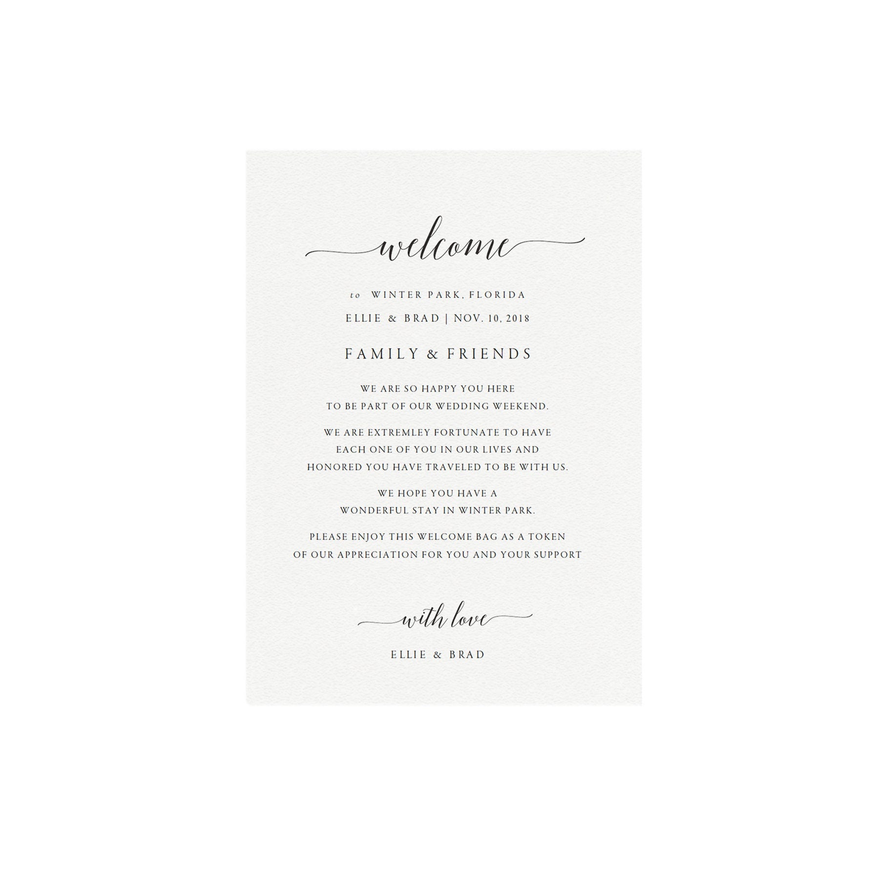 Calligraphy Wedding Welcome Bag Card Template (PDF Instant Download)