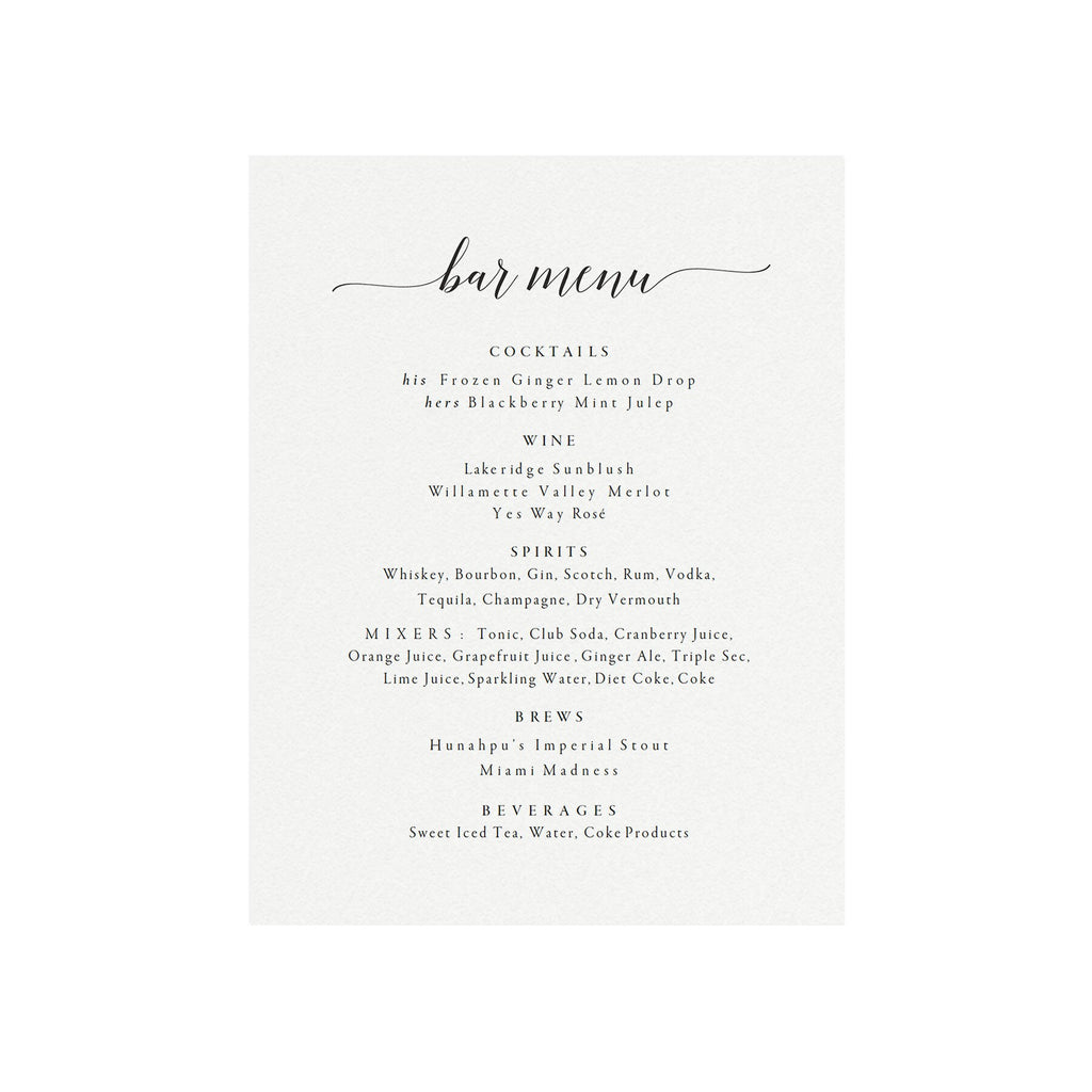 Calligraphy Wedding Bar Menu Template: Printable Cocktail Sign (PDF Download)