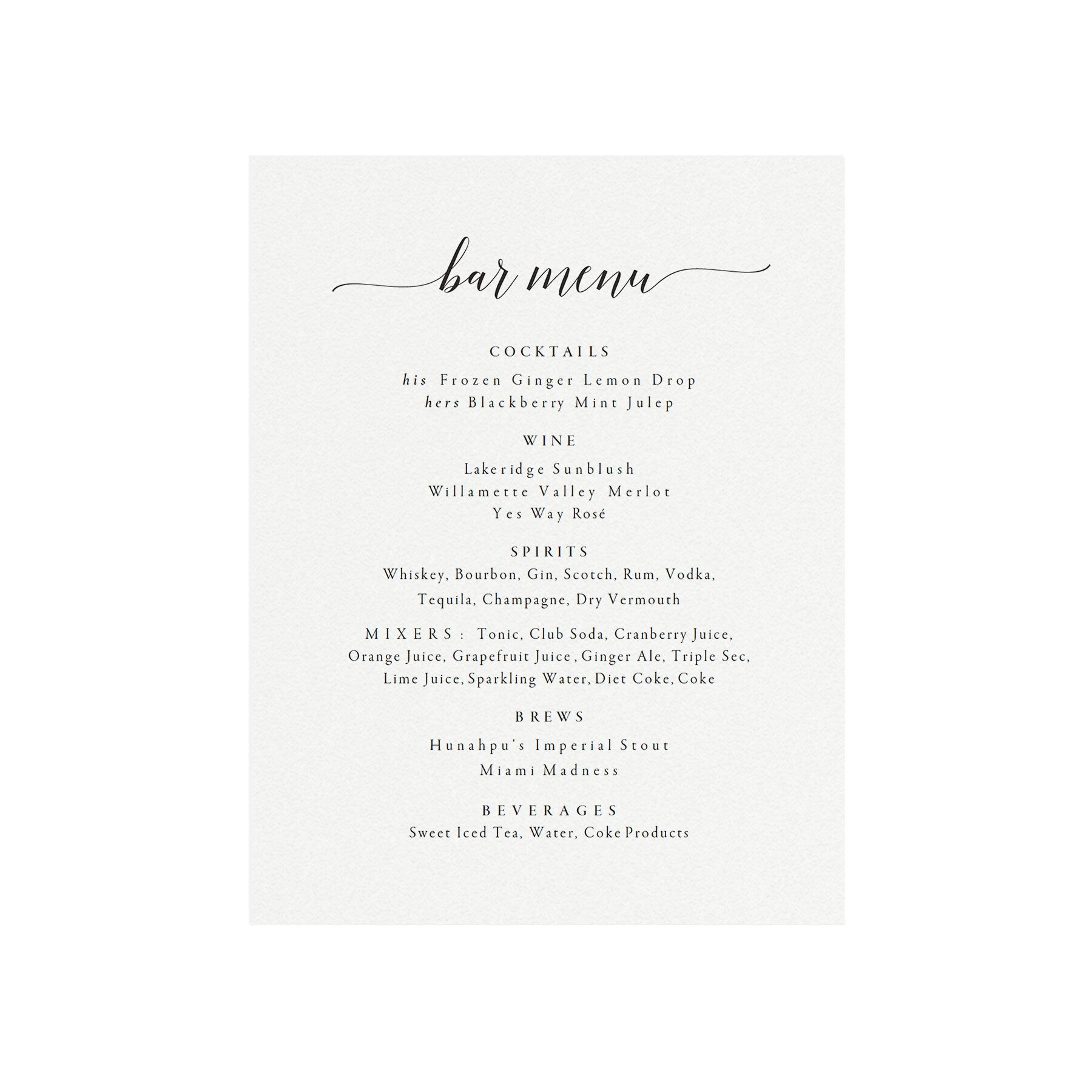 Calligraphy Wedding Bar Menu Template: Printable Cocktail Sign (PDF Download)
