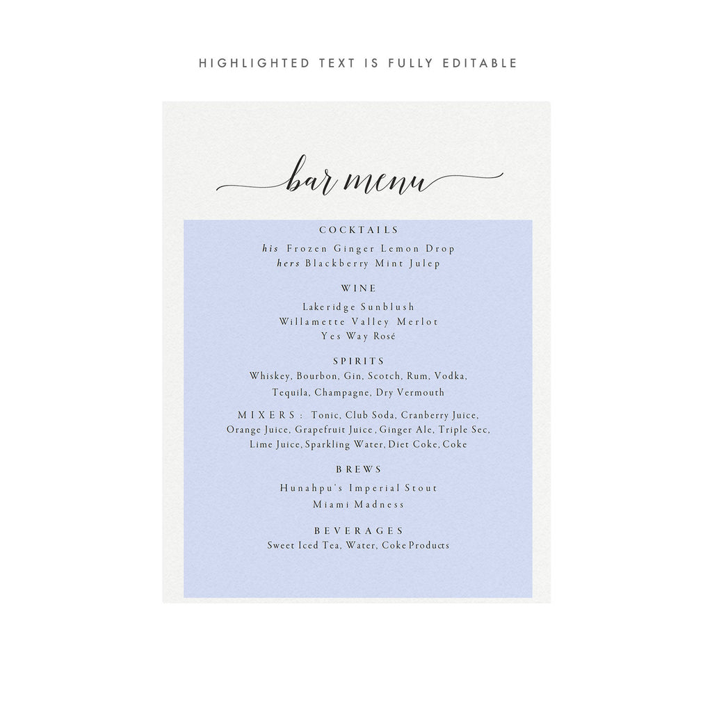 Calligraphy Wedding Bar Menu Template: Printable Cocktail Sign (PDF Download)