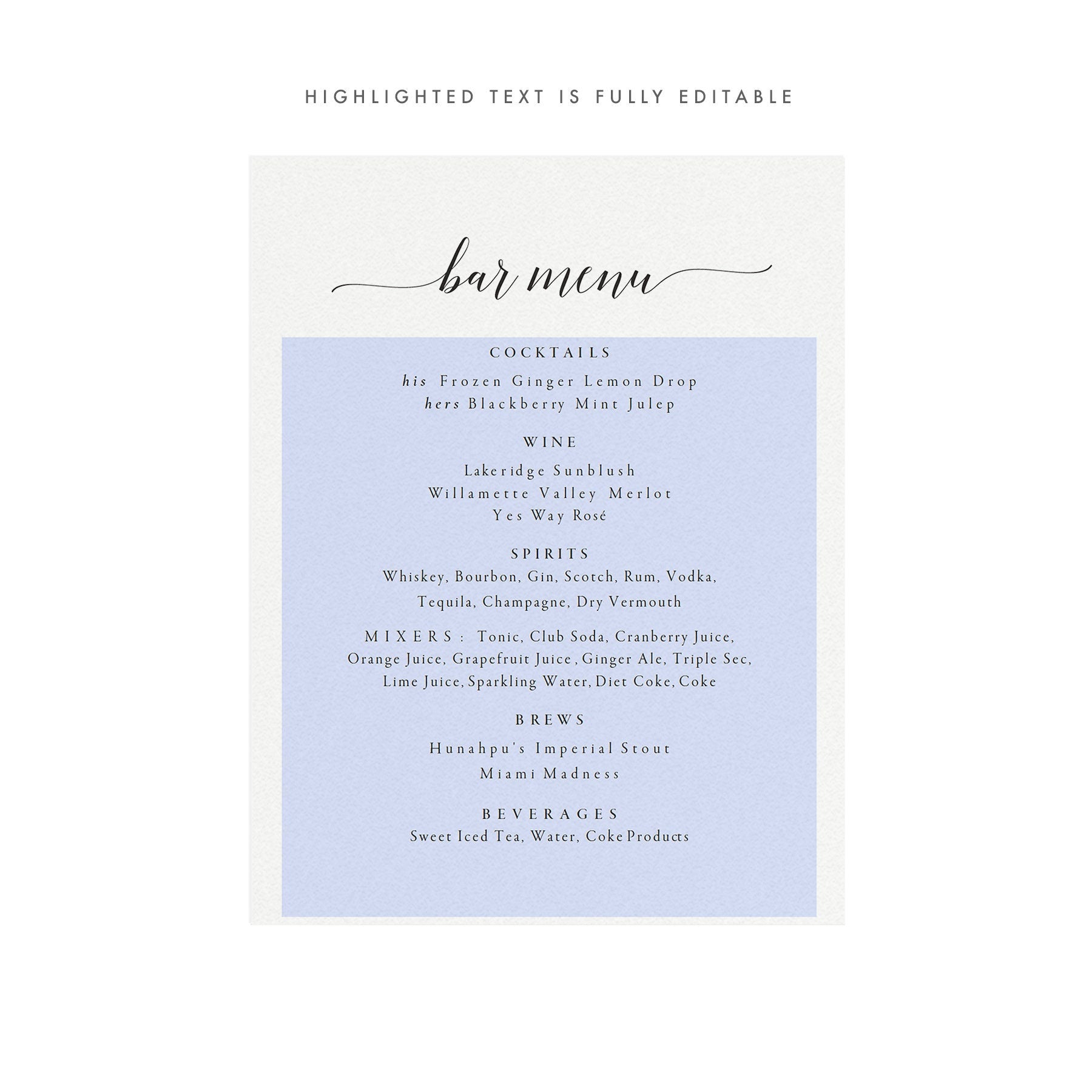 Calligraphy Wedding Bar Menu Template: Printable Cocktail Sign (PDF Download)