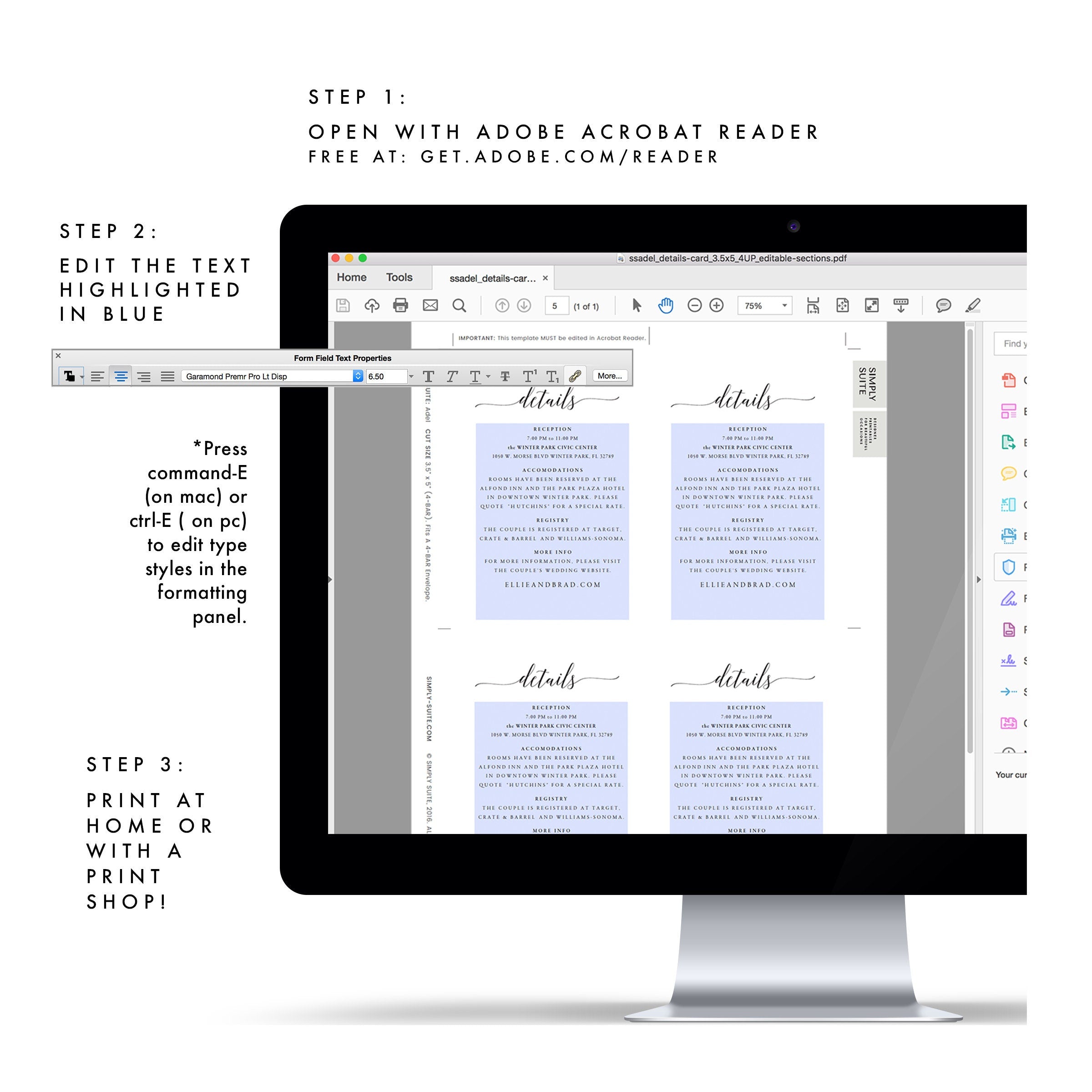 Calligraphy Wedding Details Card Template (PDF Instant Download)