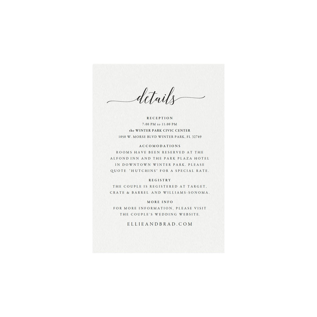 Calligraphy Wedding Details Card Template (PDF Instant Download)