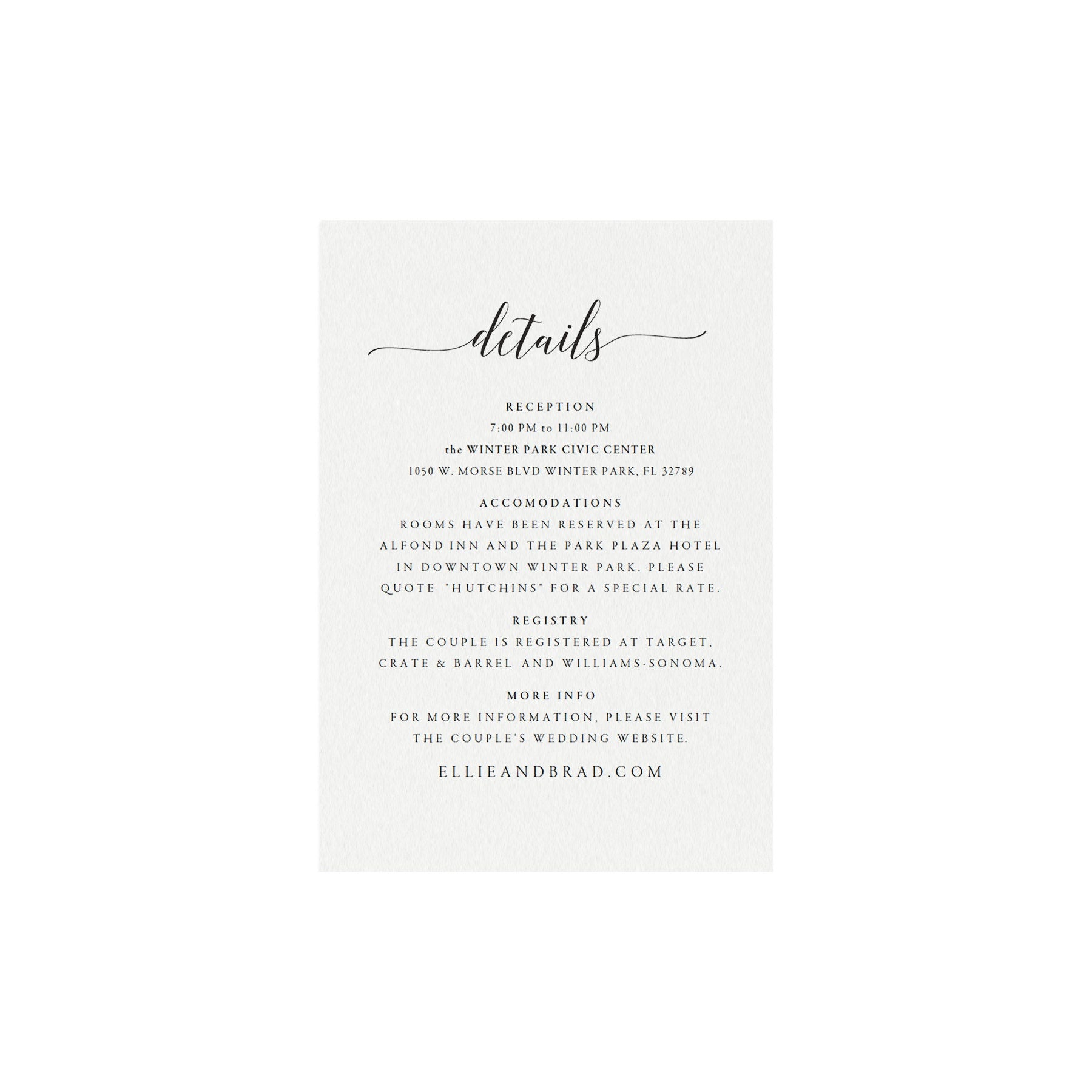 Calligraphy Wedding Details Card Template (PDF Instant Download)