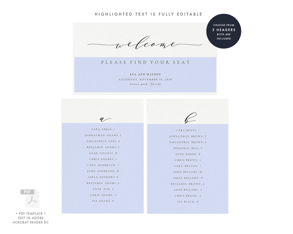 Alphabetical Seating Chart Template: Melia Suite, Printable PDF