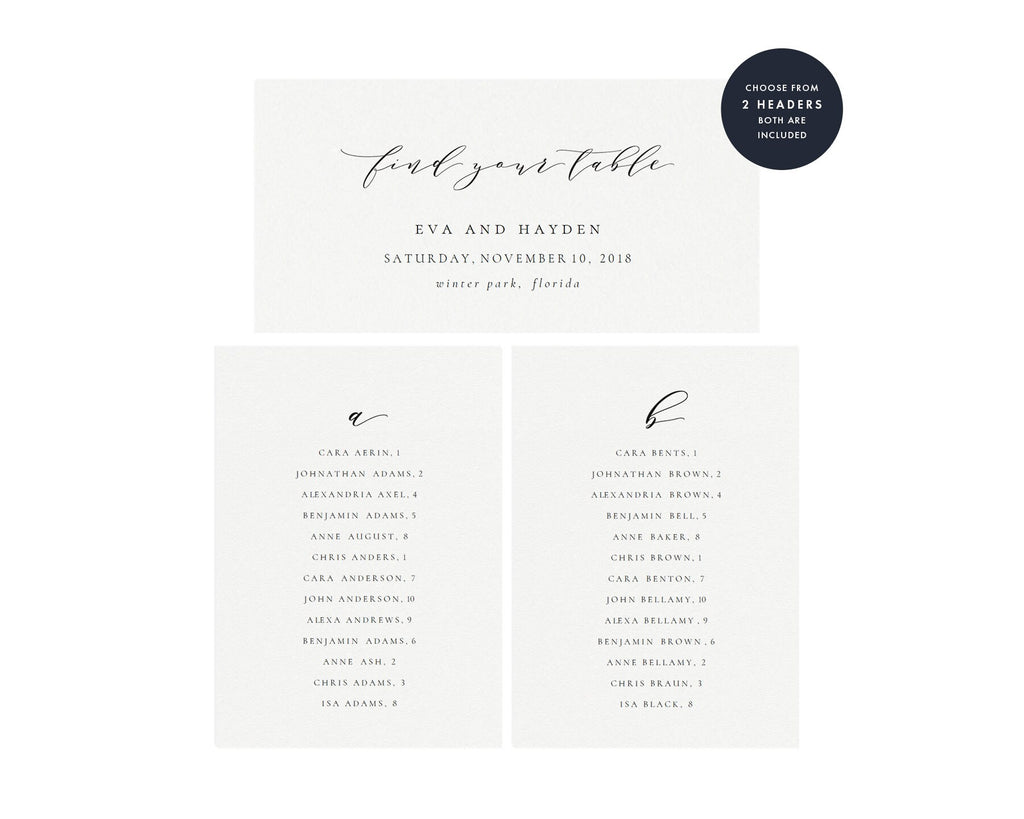 Alphabetical Seating Chart Template: Melia Suite, Printable PDF