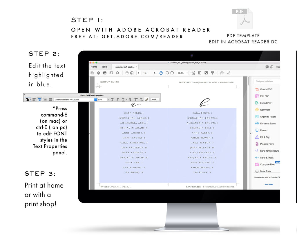 Alphabetical Seating Chart Template: Melia Suite, Printable PDF