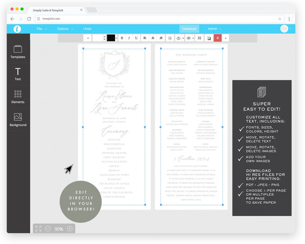 Calligraphy Monogram Wedding Program Template: Gray Fine Art (Digital Download)