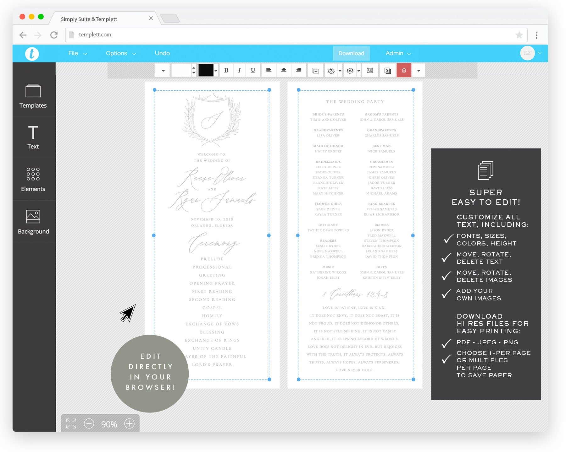 Calligraphy Monogram Wedding Program Template: Gray Fine Art (Digital Download)