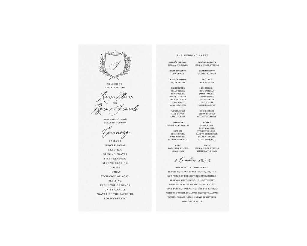 Calligraphy Wedding Program Template: Editable Monogram Crest (4x9 Printable)
