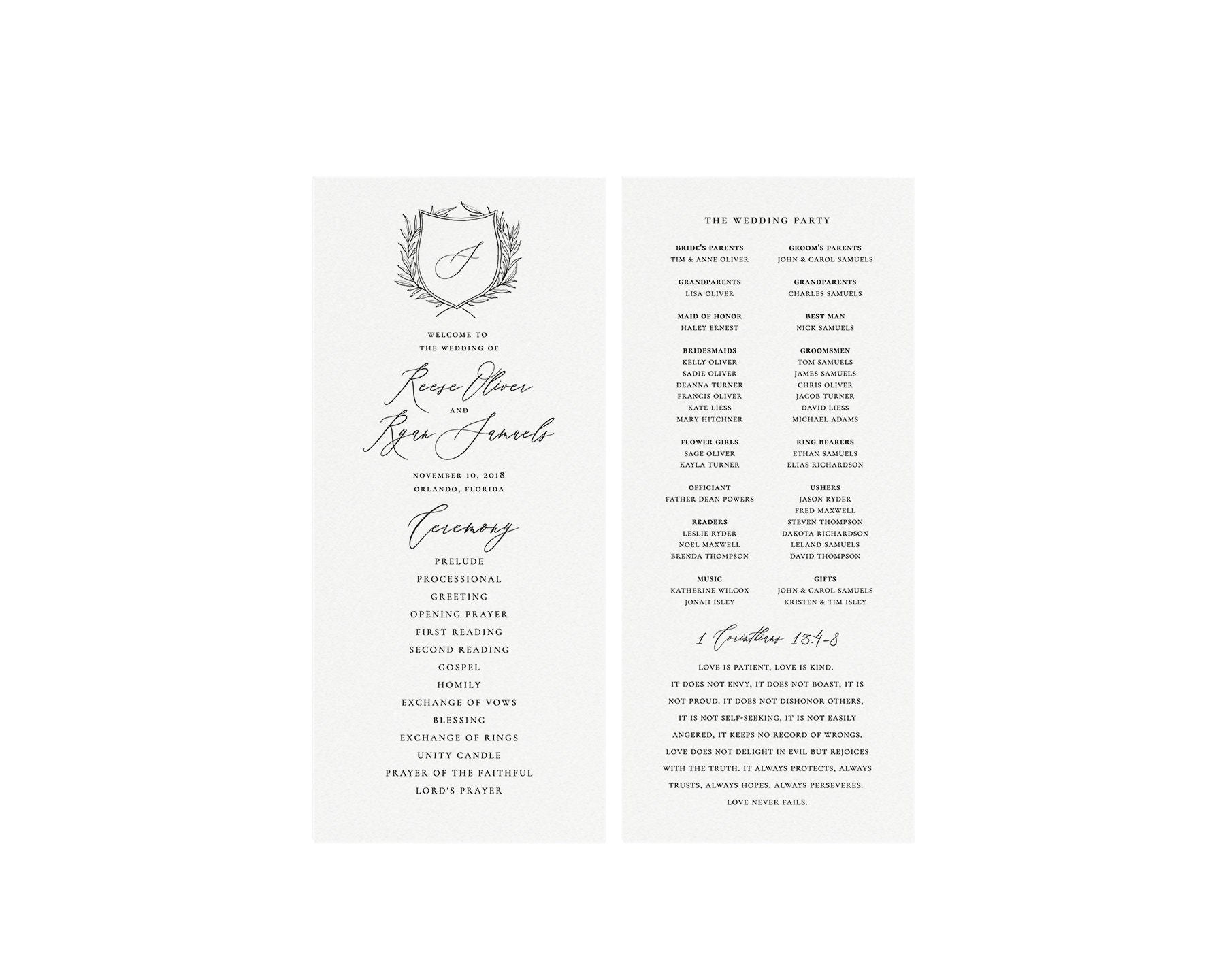 Calligraphy Wedding Program Template: Editable Monogram Crest (4x9 Printable)
