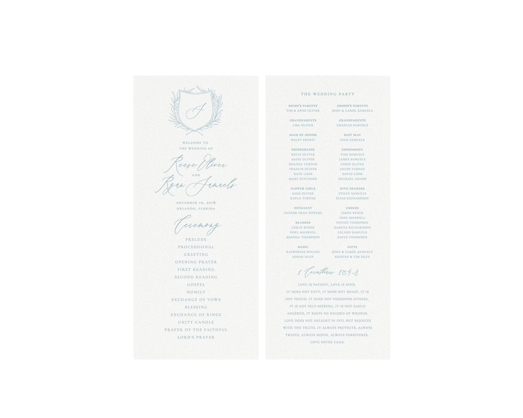 Blue Gray Wedding Program Template: Calligraphy Monogram (Instant Download)