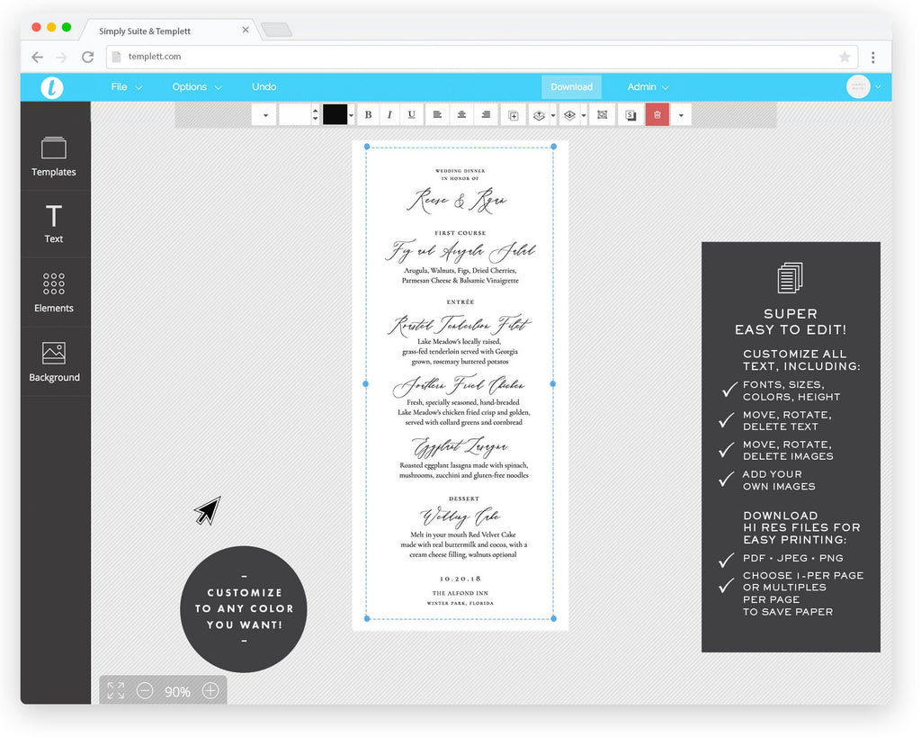 Calligraphy Wedding Menu Template: Elegant 4x9 Printable (Templett)