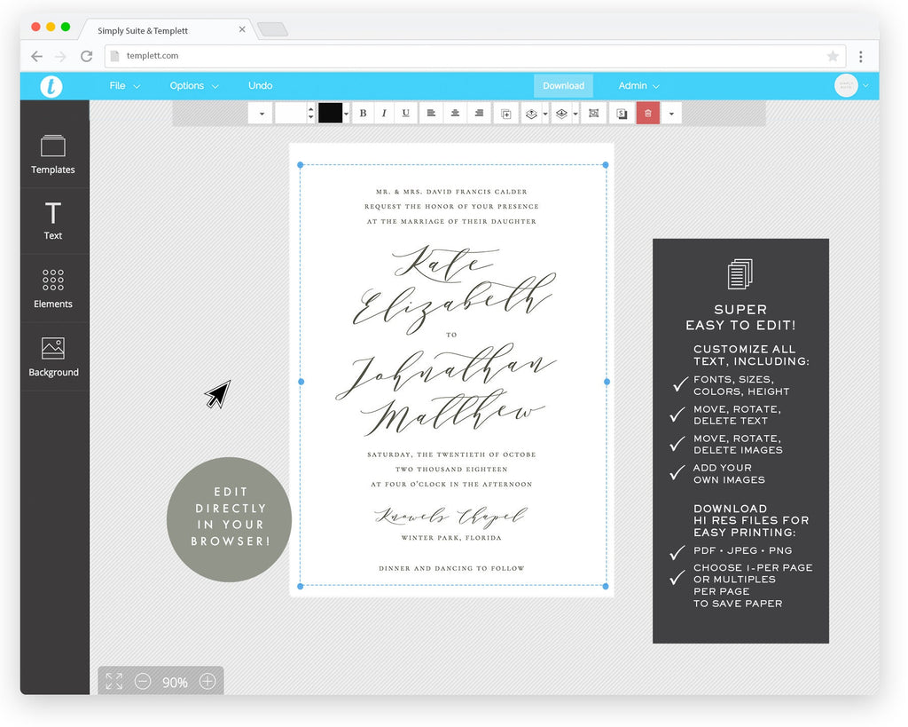 Slate Gray Wedding Invitation: 5x7 Minimalist Calligraphy (Templett Instant Download)