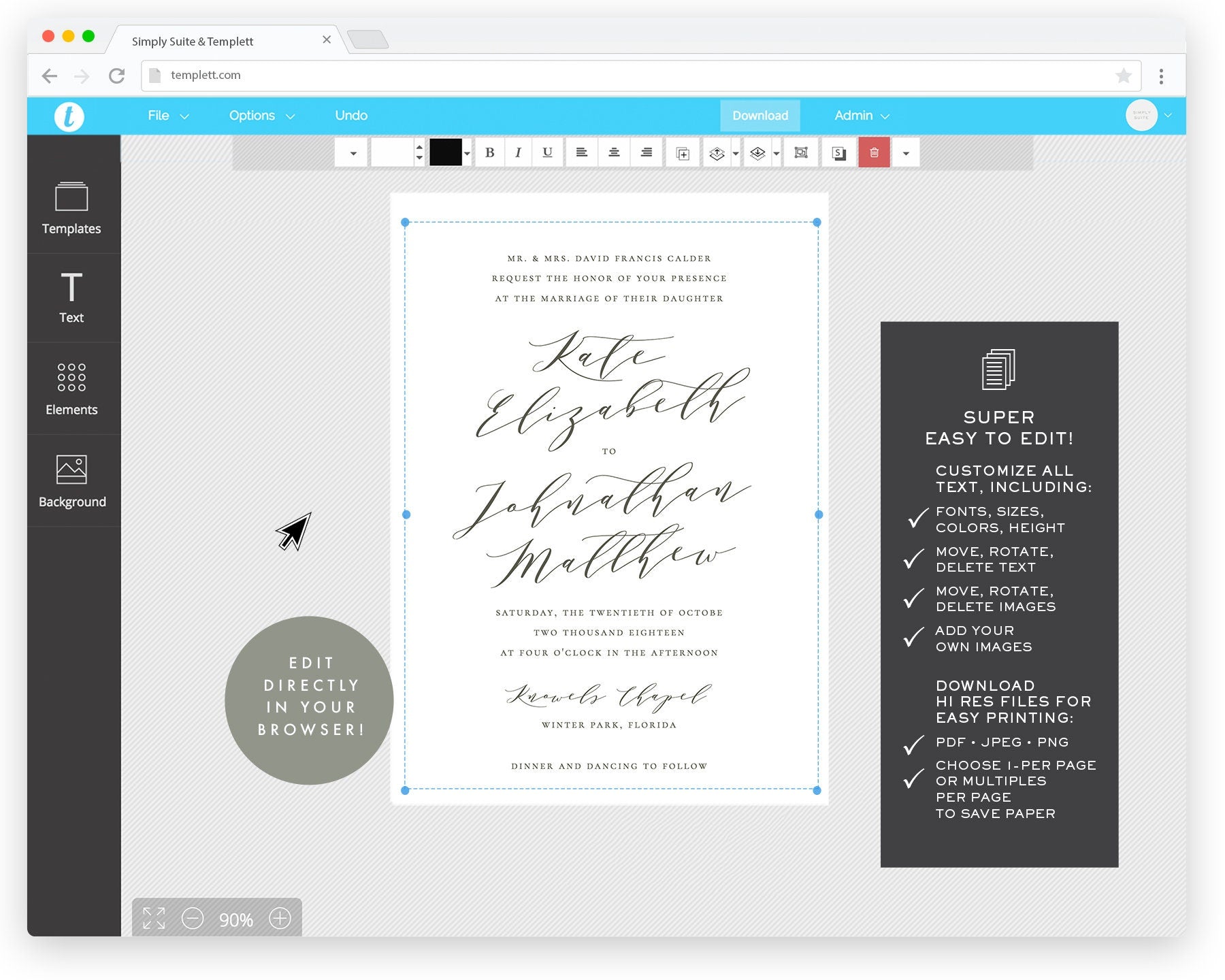Slate Gray Wedding Invitation: 5x7 Minimalist Calligraphy (Templett Instant Download)