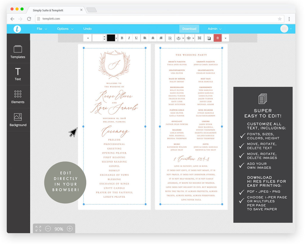Blush Wedding Program Template: Calligraphy Monogram (Digital Download)
