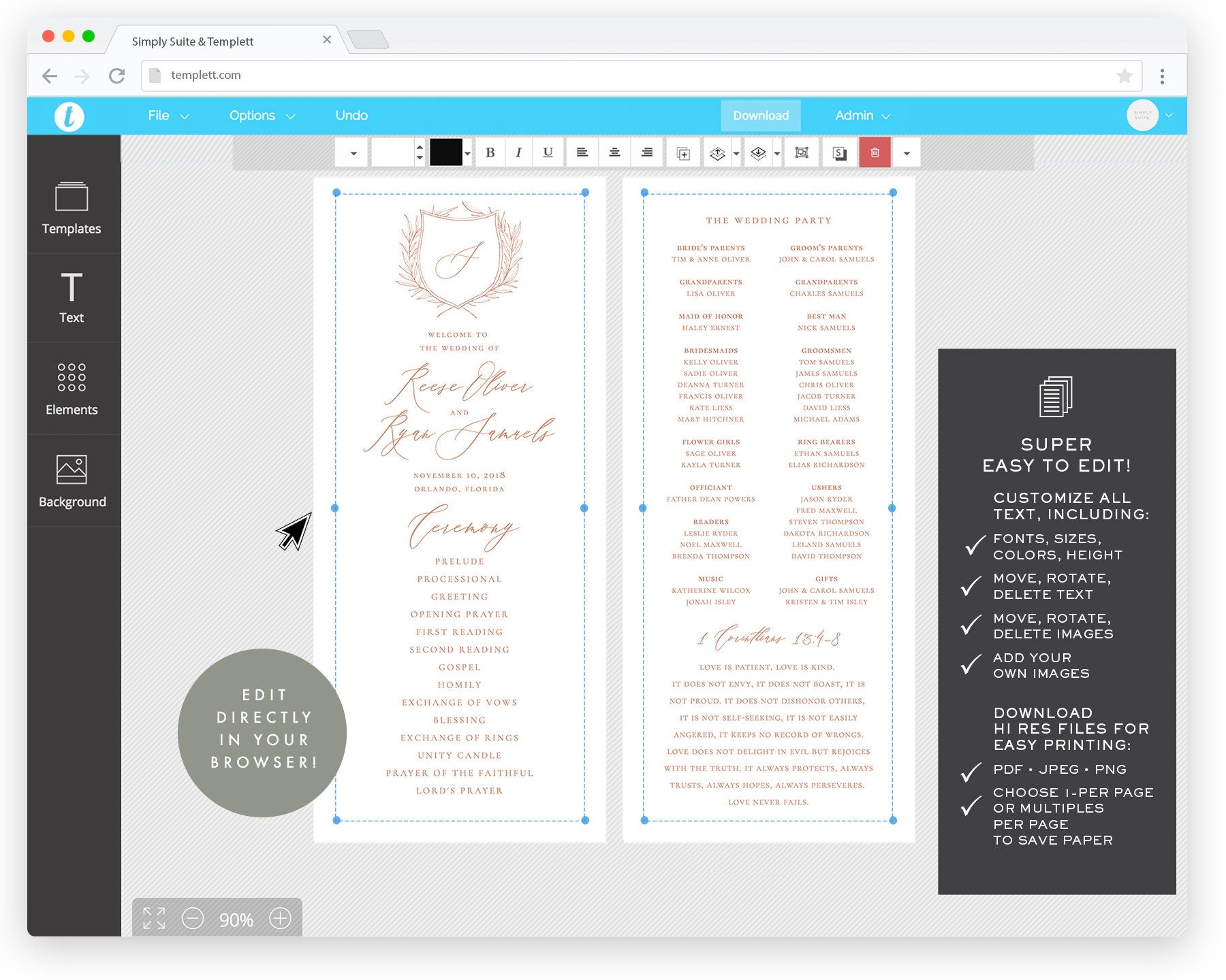 Blush Wedding Program Template: Calligraphy Monogram (Digital Download)