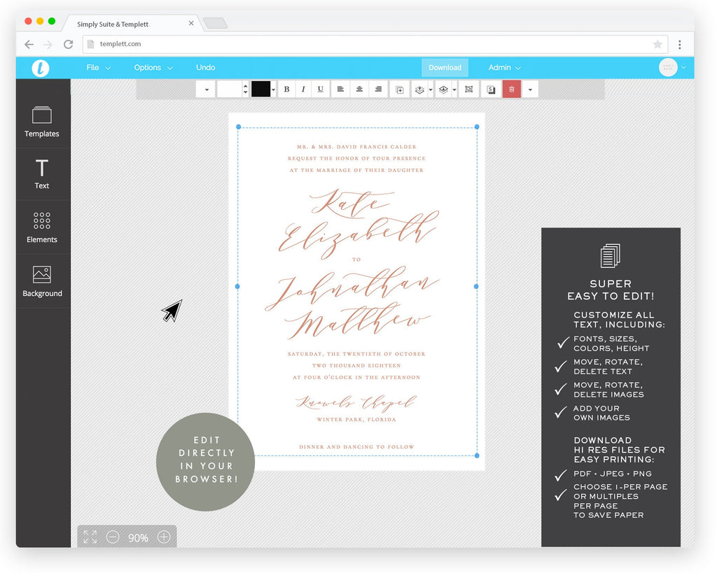 Blush Wedding Invitation Template: Minimalist Calligraphy (5x7 Printable, Instant Download)