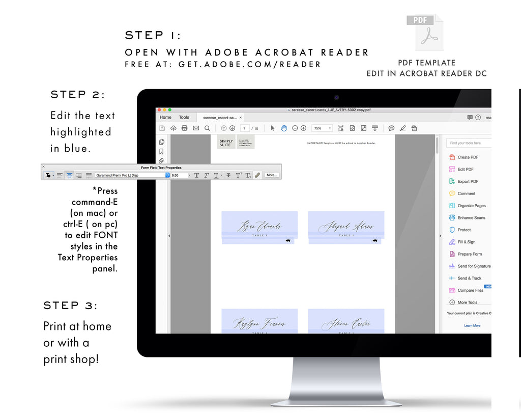 Adler: AVERY 5302 Escort Card Template with Meal Icons, 3.5x2 Folded and Flat Escort Card, Printable Calligraphy PDF Instant Download