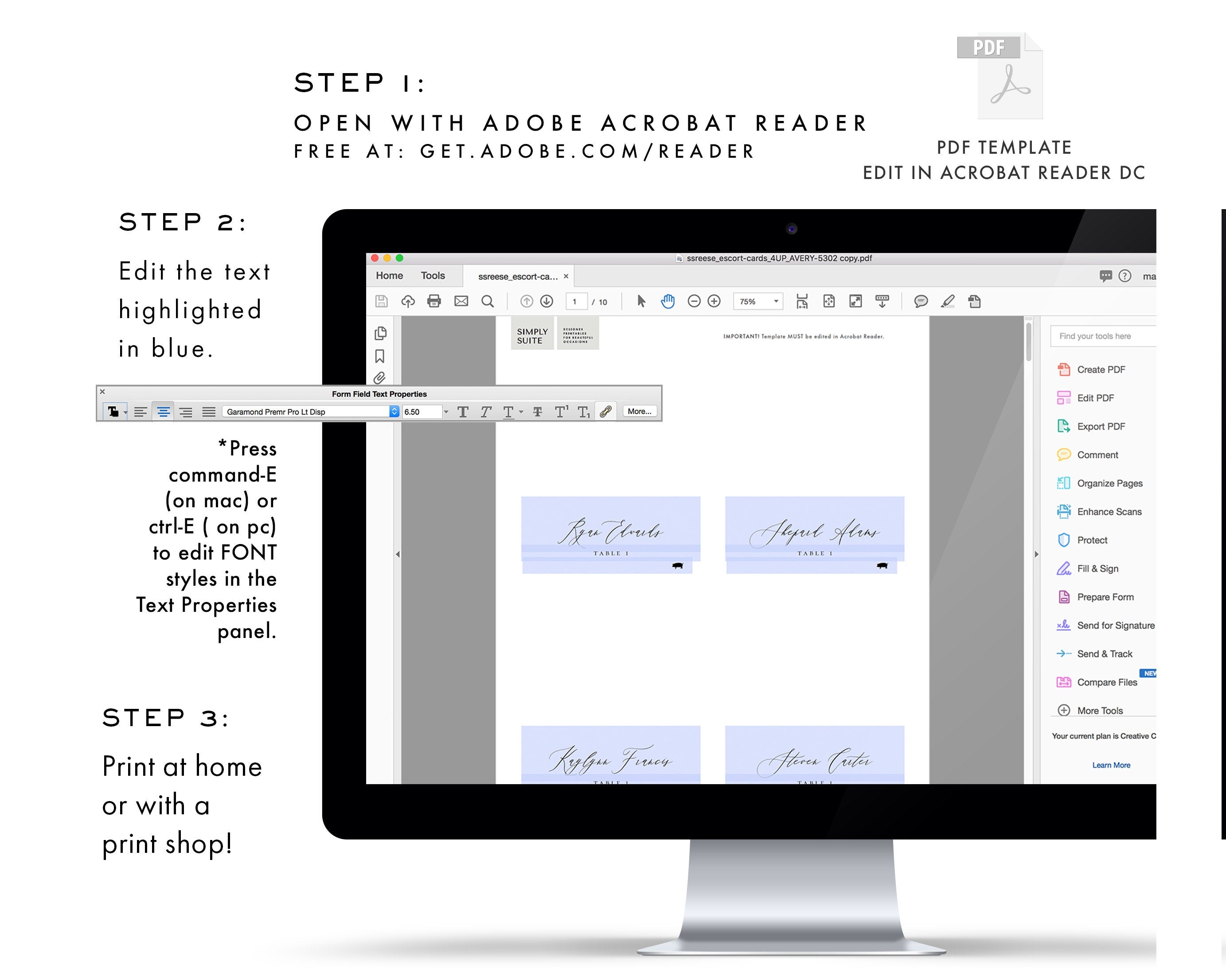 Adler: AVERY 5302 Escort Card Template with Meal Icons, 3.5x2 Folded and Flat Escort Card, Printable Calligraphy PDF Instant Download