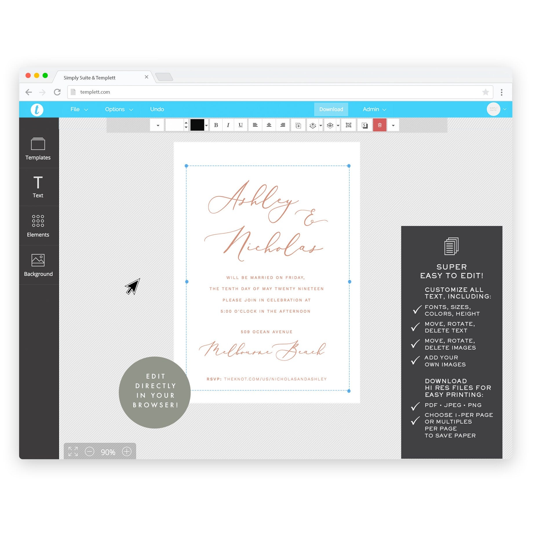 Blush Wedding Invitation Template: 5x7 Website RSVP (Instant Download)