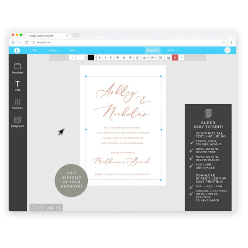 Blush Wedding Invitation Template: 5x7 Website RSVP (Instant Download)