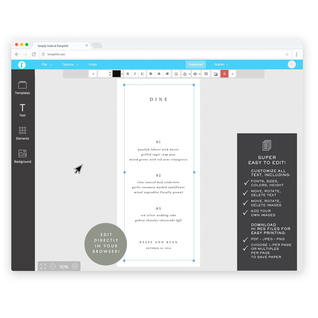 Minimalist Wedding Menu Template: Reese 4x9 Printable (Digital Download)