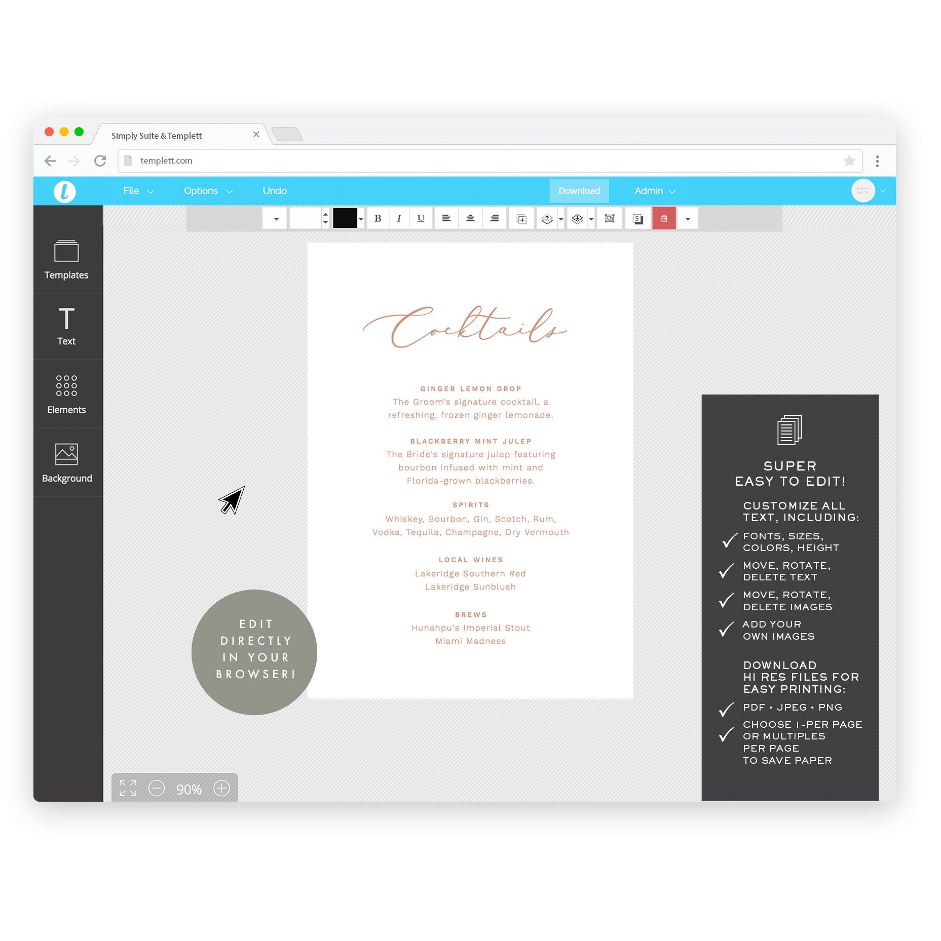 Blush Calligraphy Cocktails Menu Template: Editable Wedding Bar (Digital Download)