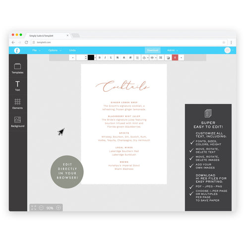 Blush Calligraphy Cocktails Menu Template: Editable Wedding Bar (Digital Download)