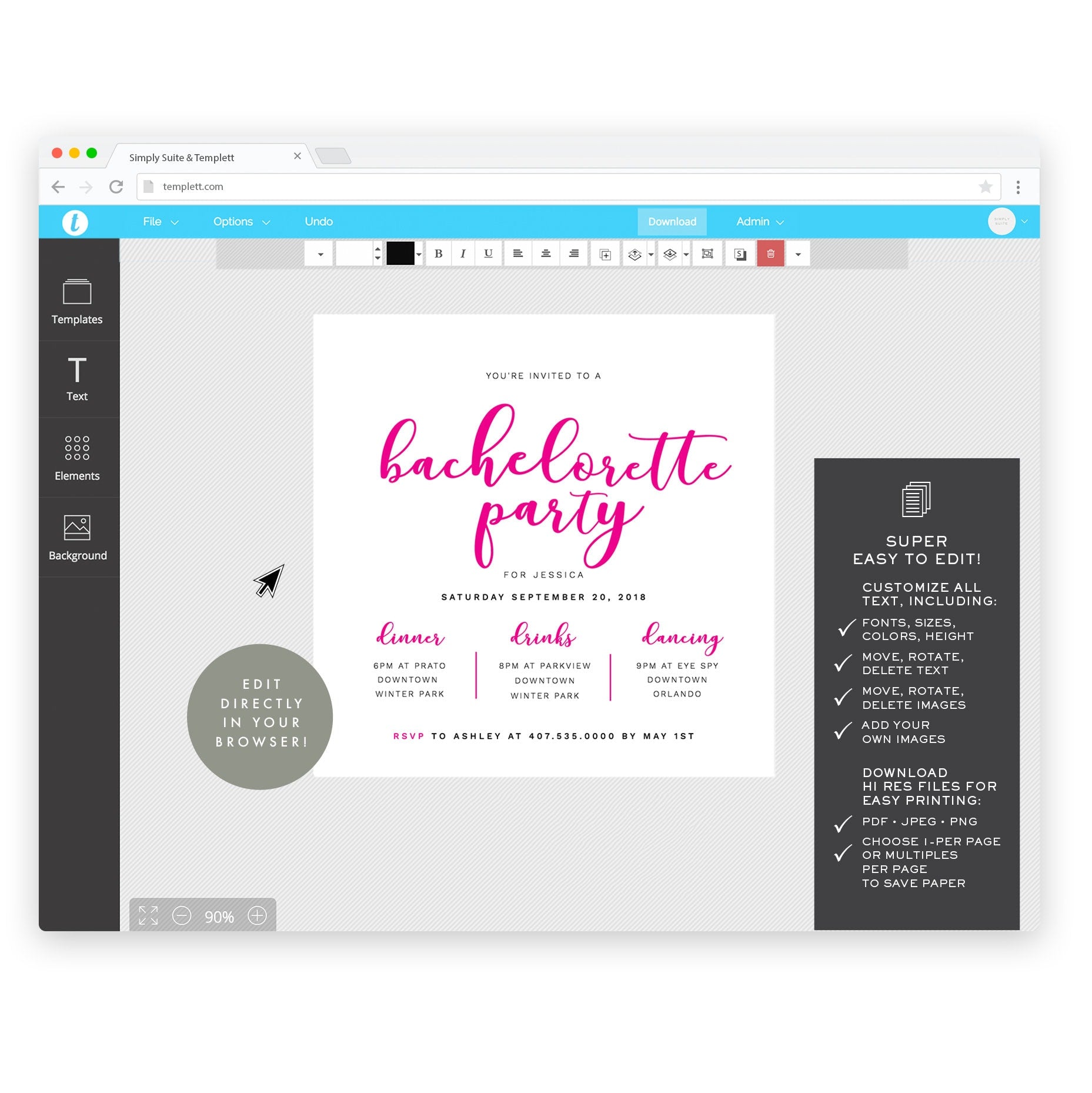 Pink Calligraphy Bachelorette Party Invitation Template (Digital Download)