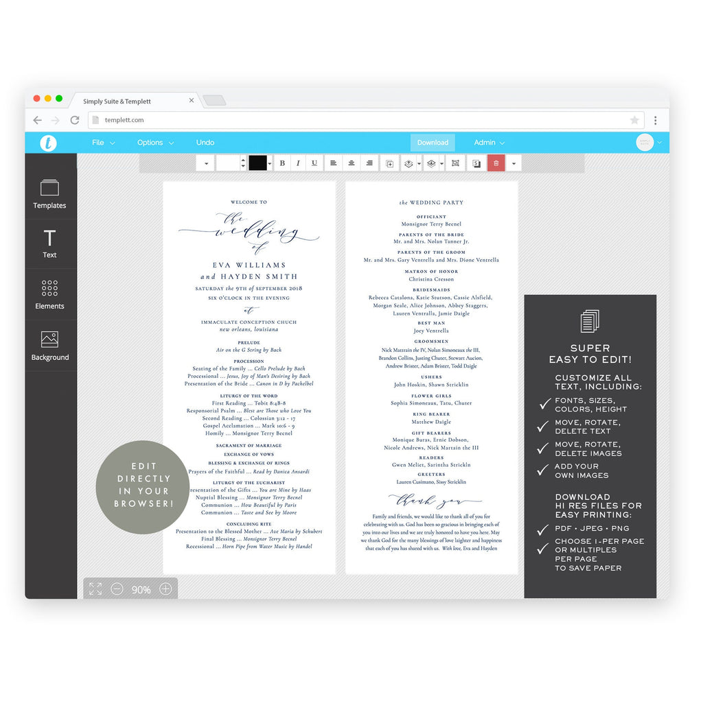 Navy Catholic Wedding Program Template: Calligraphy Printable (4x9 Instant Download)